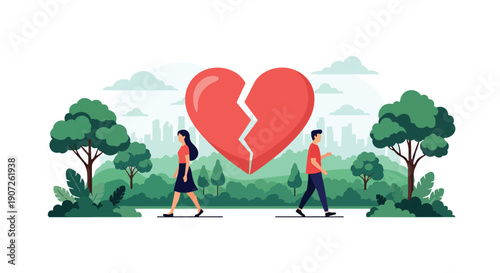 Flat vector illustration of man and woman walking away from each other with broken heart symbol in nature park background, representing divorce, breakup, emotional separation, and relationship ending