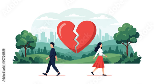 Flat vector illustration of man and woman walking away from each other with broken heart symbol in nature park background, representing divorce, breakup, emotional separation, and relationship ending