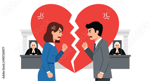 Flat vector illustration of angry man and woman arguing in divorce court with judge and broken heart symbol, representing legal conflict, relationship crisis, family law, and separation process