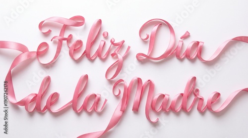 Pink metallic balloon letters spelling Feliz Dia de la Madre on white background, Spanish Mother's Day greeting banner