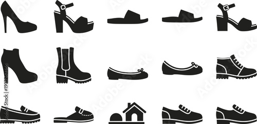 Footwear Silhouette Icon Set with High Heels Boots Flats Sandals and Casual Shoes for Fashion Logos Apps Signage and Vector Design Systems