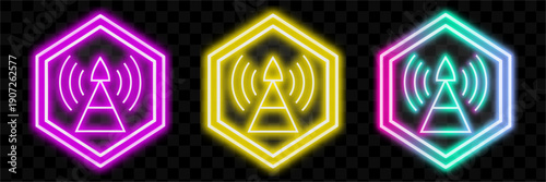 Neon Wireless Signal Icons Set, Communication Technology Vector Illustration, Network Connection Symbols