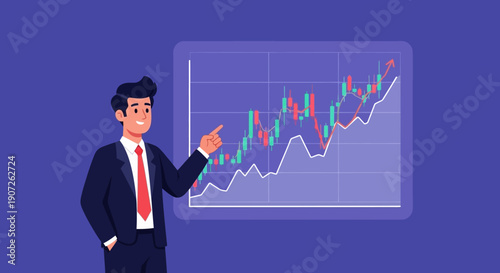 Businessman Character Pointing to Growing Candlestick Chart Representing Stock Market Success and Financial Profit