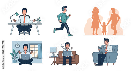 Flat Vector Illustration Set of Businessman Managing Work Life Balance Stress Relief and Healthy Lifestyle Activities