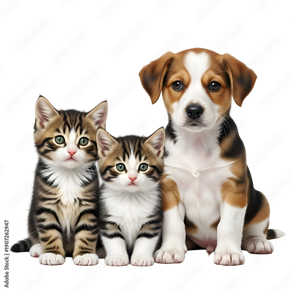 Obraz premium Adorable Tabby Kittens and Beagle Puppy Together on white background, Isolated on Transparent Background
