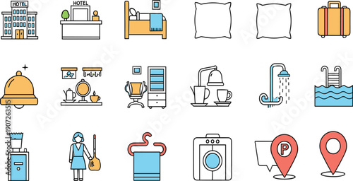 Hotel and Hospitality Icon Set with Accommodation, Reception, Room Furniture, Housekeeping Services, Amenities, Swimming Pool, and Guest Facilities in Flat Vector Style