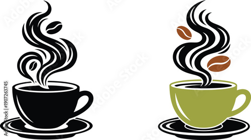 Two steaming coffee cup one black and one green with coffee beans and swirling steam
