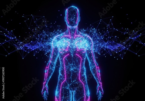 Glowing human body with neon blue and pink light trails on black background