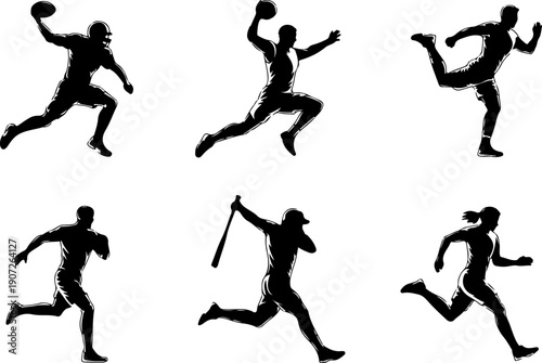 American Football Player Action Silhouettes – Running and Catching Poses