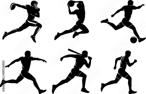 American Football Player Action Silhouettes – Running and Catching Poses