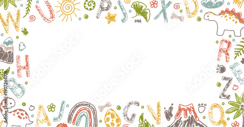 Simple and cute dinosaur frame drawn with crayon and pencil strokes. Frame crayon kindergarten illustration ideal for kids backgrounds, preschool templates and creative designs.