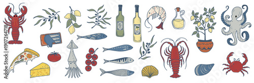 Hand-drawn Italian cuisine elements featuring seafood, pizza, olive oil, cheese, citrus and Mediterranean kitchen icons.