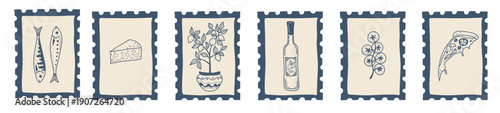 A hand-drawn stamp collection showcasing Italian coastal cuisine, seafood, citrus, wine and vintage European food illustrations.