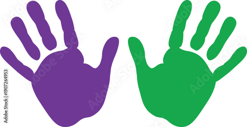 Purple and green handprints on white background