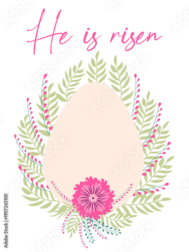 An Easter egg with a floral design and the inscription Christ is Risen. Creative card