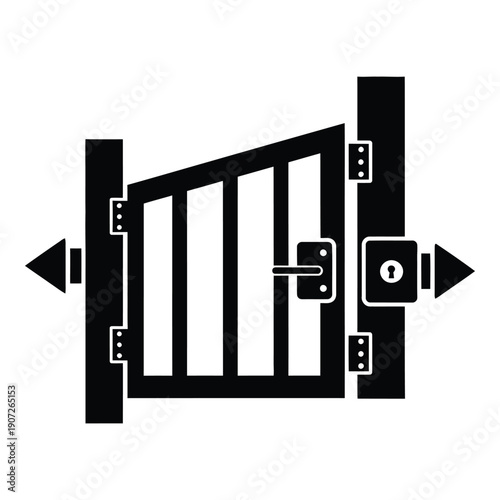 Black and white line of a sliding metal gate with lock and hinges line sliding gate d
