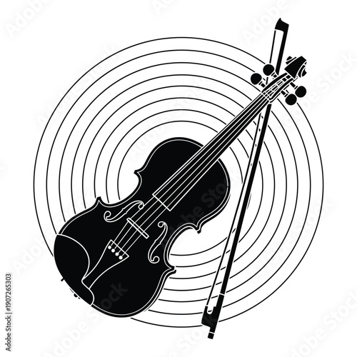 Black and white of a violin and bow with soundwave circles string instrument music de