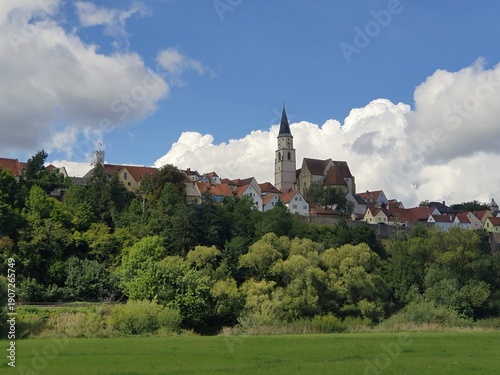 View of the historic part of the town of Nabburg in Bavaria from the Naab river valley