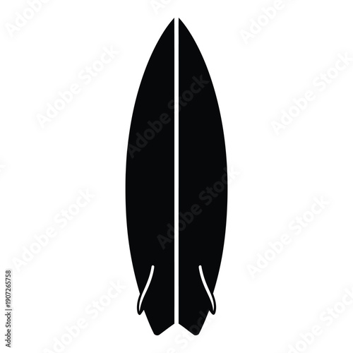 Black surfboard silhouette with single central fin and twin side fins single fin twin fins de