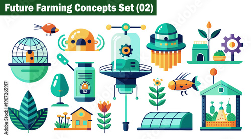 Future farming concepts set, illustrating advanced agricultural technology, smart farms, vertical farming, sustainable practices, and innovative tools in flat design vector illustration.