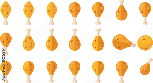 Cartoon Fried Chicken Drumstick Icon Set with Crispy Golden Poultry Legs in Multiple Styles for Food Menus and Vector Designs