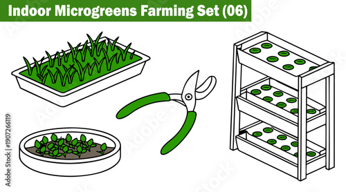 Indoor microgreens farming set with seedlings tray growing rack scissors small plants in soil and fresh sprouts for healthy eating vector illustration.
