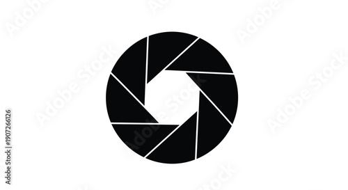 A circular camera aperture design in a bold black silhouette