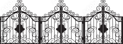 Black wrought iron gate sections with scrollwork and floral patterns black metal gate ornate gate
