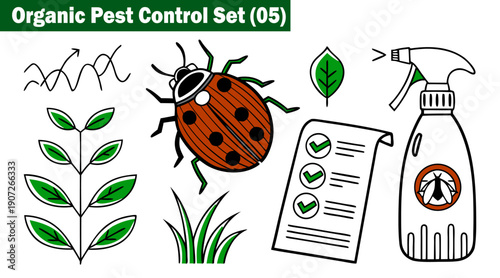 Hand drawn style organic pest control set with ladybug illustration green leaves and spray bottle icon for natural garden care and sustainable agricultural management methods vector illustration.