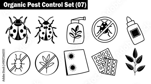 Organic pest control hand-drawn line art icons, ladybug beetle, insecticide spray bottle, plants, bug trap, pesticide symbol, natural insect repellent product vector illustration.