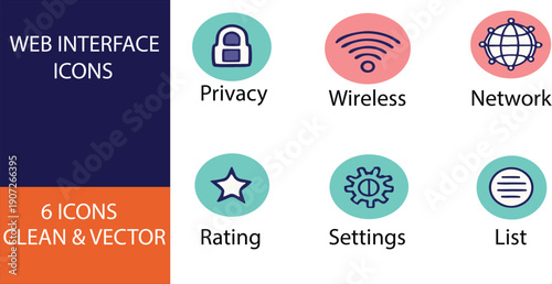 Web Interface Icons Set with Six Clean Vector Graphics for Privacy, Wireless, Network, Rating, Settings, and List