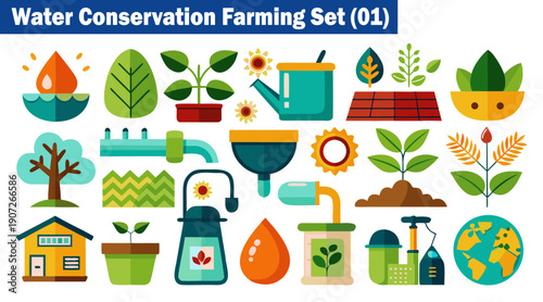 Water conservation farming vector icons collection set with watering can plant house and earth icons for agriculture and eco friendly design vector illustration.