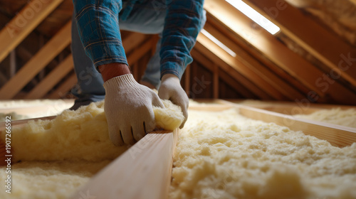 Worker installing thermal insulation under roof in attic space
