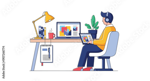 A person working remotely at a desk with a laptop and headphones