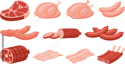 Cartoon Meat and Poultry Icon Set with Beef Steak Chicken Sausages Bacon and Pork Cuts for Food Packaging Menu and Vector Designs