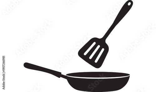 Pan frying icon with spatula utensil silhouette, minimalist black cooking equipment symbol for kitchen apps, recipe websites, restaurant menus, and culinary labels