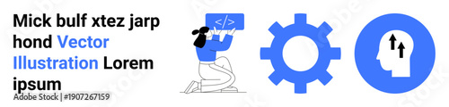 Software development, innovation, teamwork, automation, engineering, problem-solving. A person debugging code, gear icon head with arrows. Software development and innovation concepts