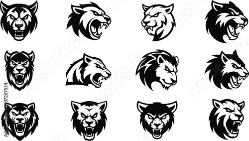 Collection of Fierce Black and White Animal Head Logos and Emblems wolf lion