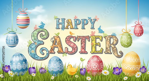 Colorful easter eggs and flowers with happy easter text on blue sky background with clouds easter