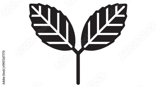 Leaves sprout icon with two symmetrical leaf blades and stem, bold black silhouette in flat vector style for eco logo, botanical app UI, organic label and nature sign