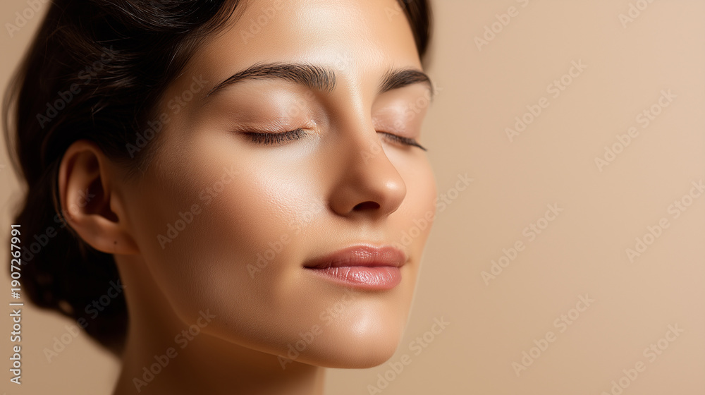 Fototapeta premium Beautiful woman with flawless skin and closed eyes in a natural beauty portrait on beige background. 