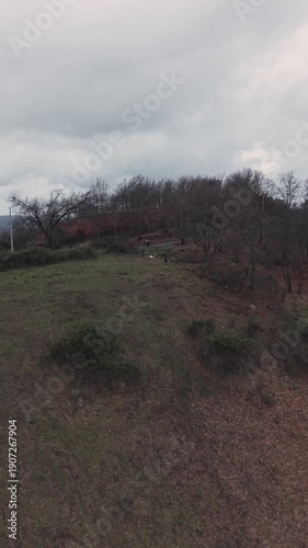 Aerial view of a lone cyclist stopped along a narrow countryside road surrounded by rolling green hills under a cloudy sky. Peaceful rural landscape, slow travel concept and outdoor activity.