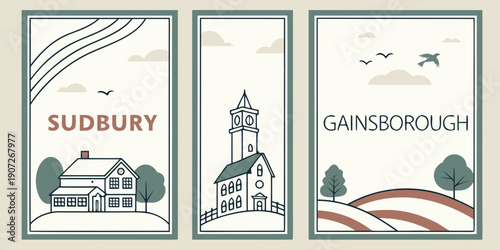 Sudbury & Gainsborough Illustration Set – Minimalist Townscape Art with Houses, Hills, Landmarks & Pastel Landscape Designs, UK