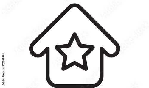 House icon with star symbol inside, minimal black outline home rating sign, simple line pictogram for real estate app UI, favorites badge, website navigation and interface