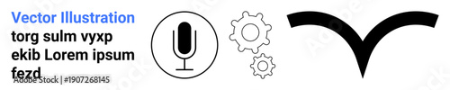 Media production, technology development, audio recording, teamwork, programming, innovation. A microphone icon, two gear symbols and an abstract bird-thumbs up shape. Media production