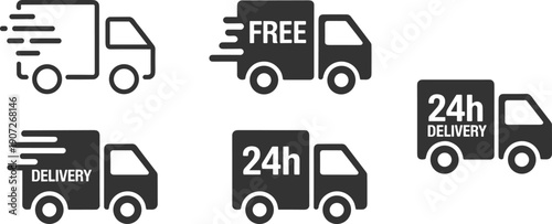 Delivery truck icon set with free shipping, fast delivery, 24 hour service symbols, logistics transport icons for ecommerce, web, app and UI design