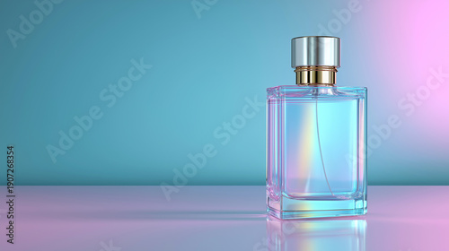 Elegant transparent perfume bottle on pastel gradient background with soft studio lighting.
