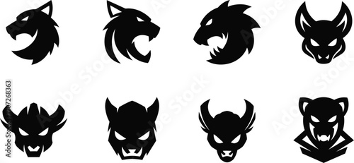 Eight Black Wolf and Beast Head Silhouettes for Logos and Icons vector illustration