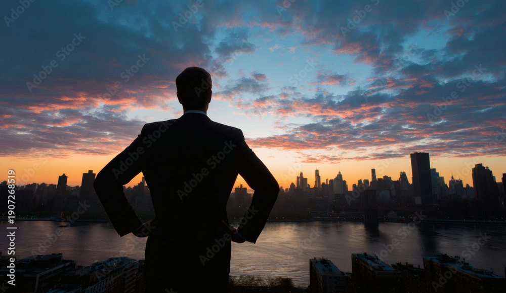 Fototapeta premium A confident businessman standing with hands on hips looking at a modern city skyline during a beautiful golden sunset