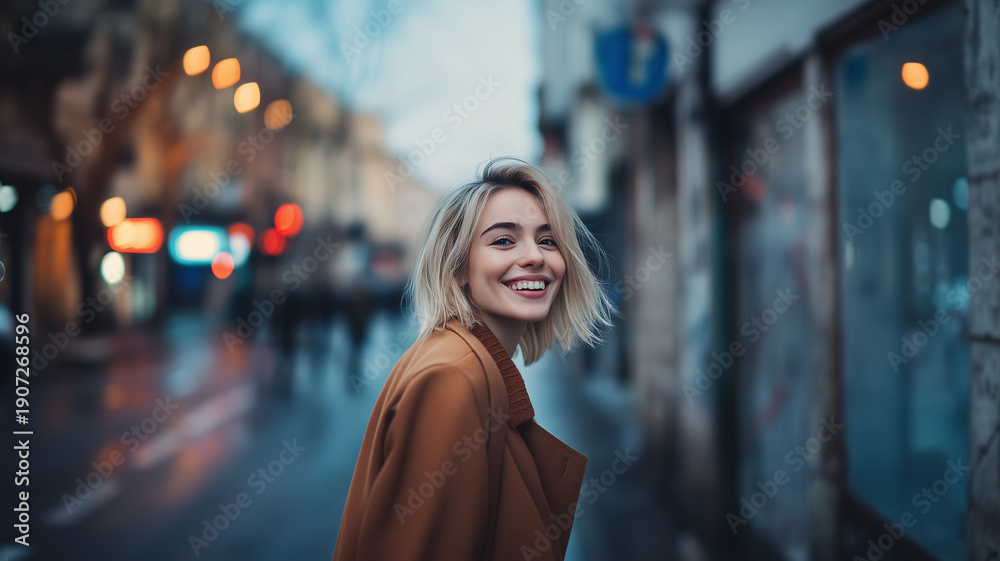 Naklejka premium portrait of attractive blond smiling happy woman walking in street in autumn style fashion outfit wearing coat